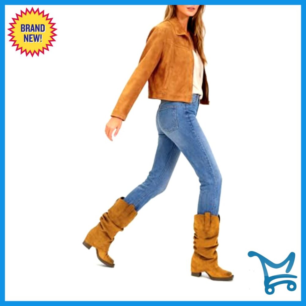 Faux Suede Fold Over Boots Square Toe Chunky Heel Mid Calf Western - Picture 3 of 7